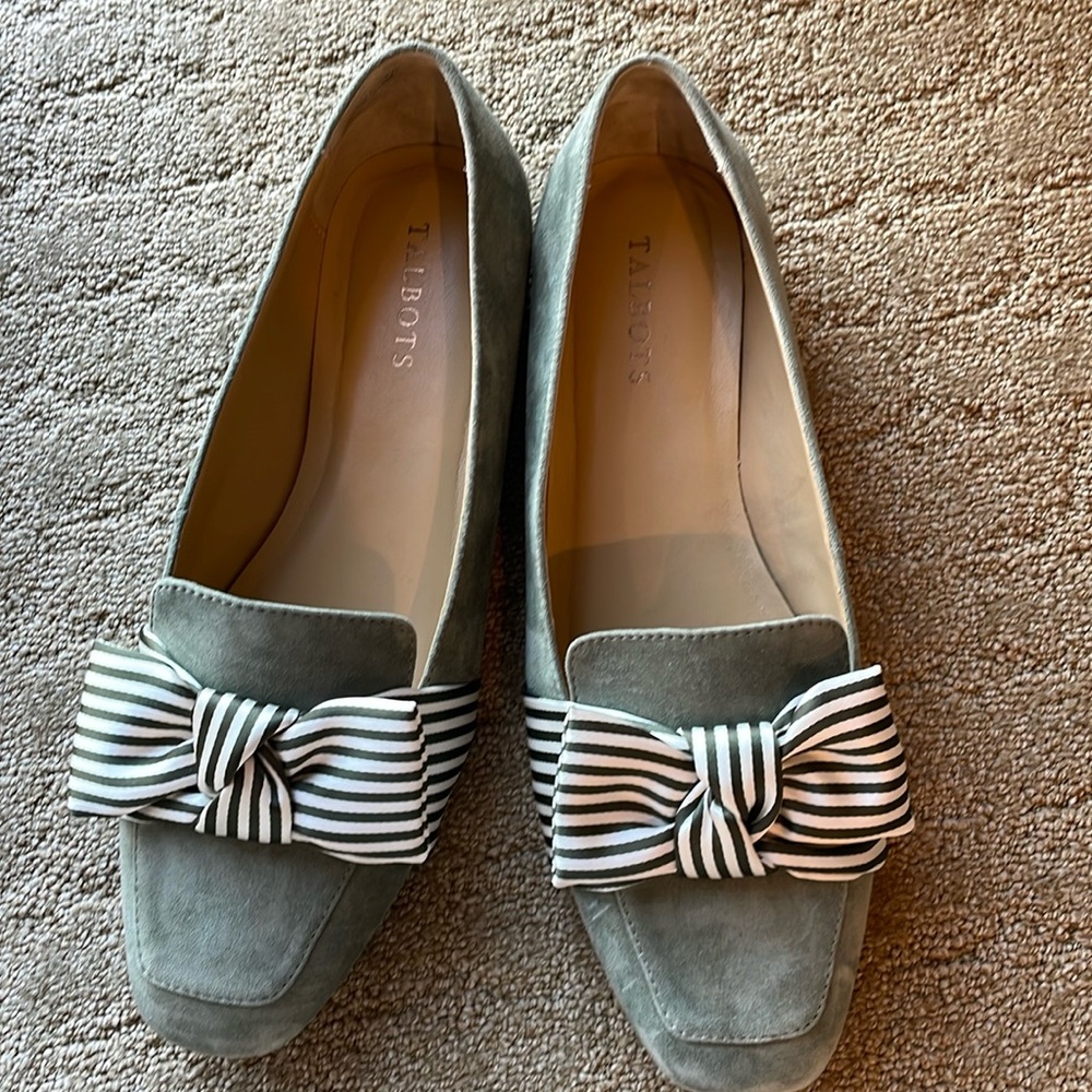 Talbots Sage Green Suede Loafers with Black & White Striped Bows